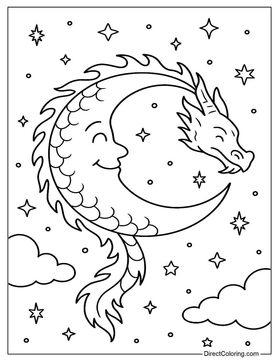 The moon transforms into a dragon winding in the night sky.